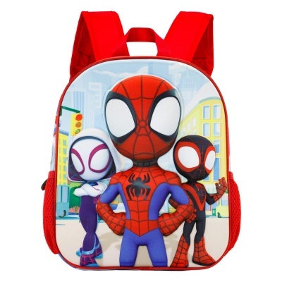 Mochila infantil com personagens do Homem-Aranha e alças vermelhas