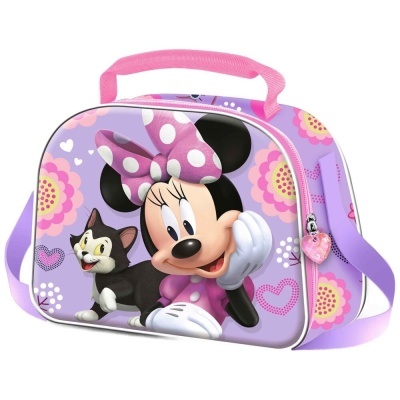 Mala infantil lilás com estampa da Minnie e gato, fecho rosa com puxador de coração.