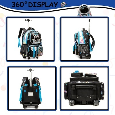 Mochila com rodas e pega extensível em tons de preto e azul com padrão espacial mostrada de quatro ângulos