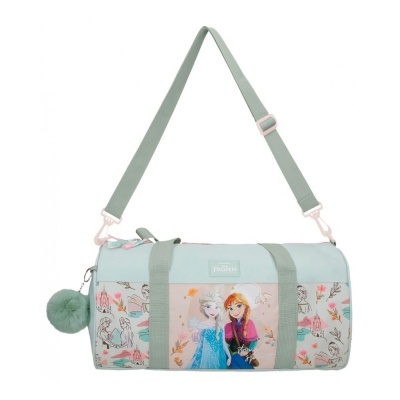 Mala cilíndrica azul clara com personagens do Frozen e alça verde-água