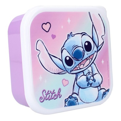 Caixa plástica quadrada com ilustração do Stitch e texto