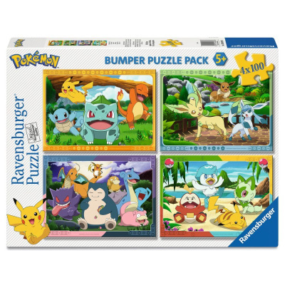 Caixa de puzzle Ravensburger Bumper Puzzle Pack Pokémon com 4 puzzles de 100 peças cada, colorida e temática de Pokémon.