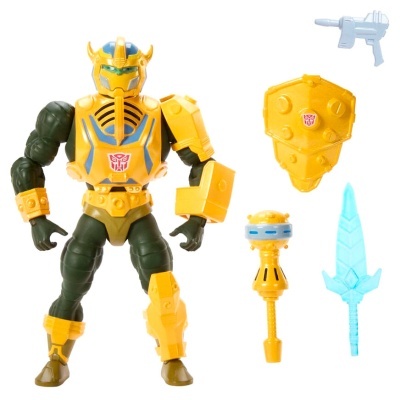 Figura de ação amarela e verde com quatro acessórios coloridos ao lado