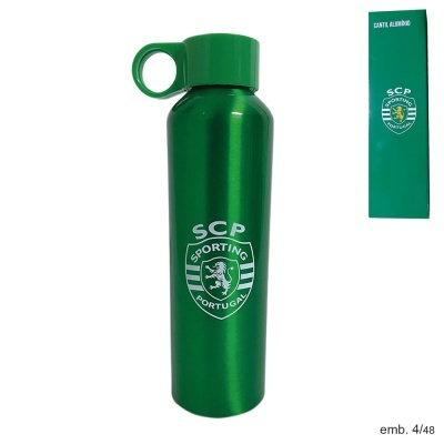 Garrafa metálica verde SCP Sporting Portugal com tampa de argola e embalagem verde