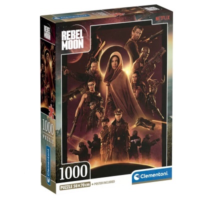 Caixa de puzzle Clementoni Rebel Moon 1000 peças com imagem dos personagens em fundo escuro e texto