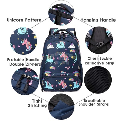 mochila azul escura com padrão de unicórnios e alças ajustáveis