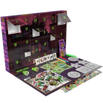 calendário de advento das Tartarugas Ninja com acessórios e desenhos para colorir