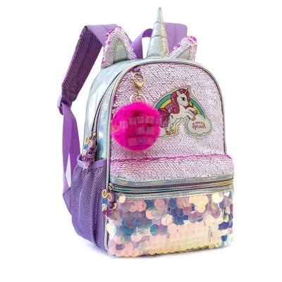 Mochila infantil com lantejoulas, detalhes de unicórnio e pendente rosa felpudo