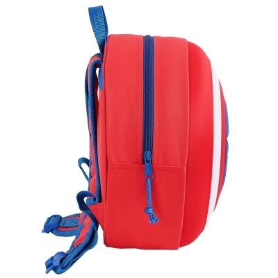 Mochila infantil vermelha com fecho azul e alças ajustáveis