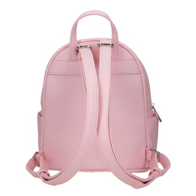 Mochila rosa claro vista de trás com alças ajustáveis e pequenas bolsas laterais