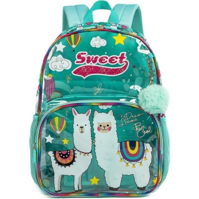 Mochila infantil turquesa com estampa de lhamas e pompom verde