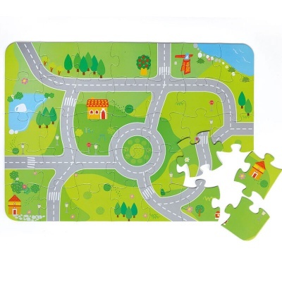 quebra-cabeças infantil com estrada e casas coloridas