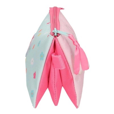 Estojo ou necessaire rosa e azul com padrão floral e três compartimentos