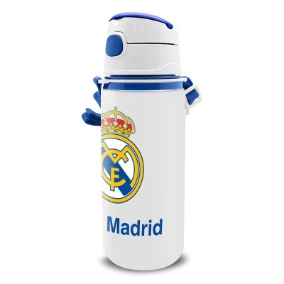 Garrafa térmica branca com logotipo do Real Madrid e detalhes azuis