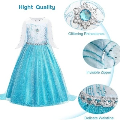 Vestido azul brilhante de criança com mangas compridas e detalhes decorativos