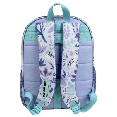 Mochila azul e lilás com alças florais e etiqueta 'NOT YOUR BAG!'