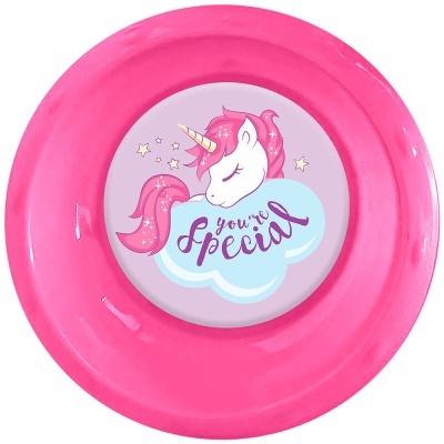 Prato rosa com desenho de unicórnio e texto 'you're special'