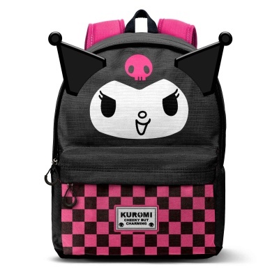 Mochila Kuromi preta e rosa com padrão xadrez e rosto da personagem