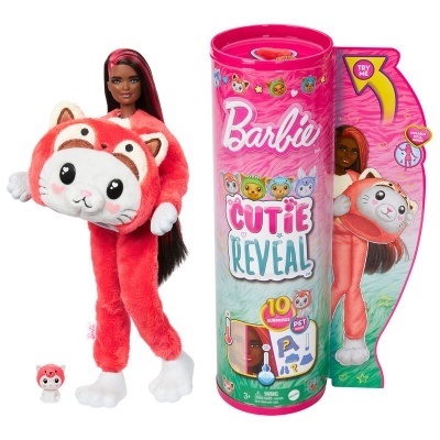 Boneca Barbie com fato de animal vermelho e embalagem rosa cilíndrica