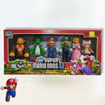 Caixa com seis figuras New Super Mario Bros. U e decoração colorida