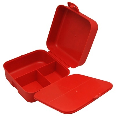 Caixa de plástico vermelha com tampa e divisórias