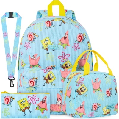 Mochila, bolsa e estojo azul claro com padrão do Bob Esponja, Patrick e Gary e alças amarelas