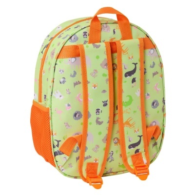 Mochila infantil verde com estampado de animais e alças laranja