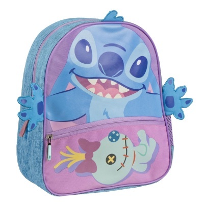 Mochila infantil azul e lilás com estampa do Stitch e bolso frontal com boneco estampado