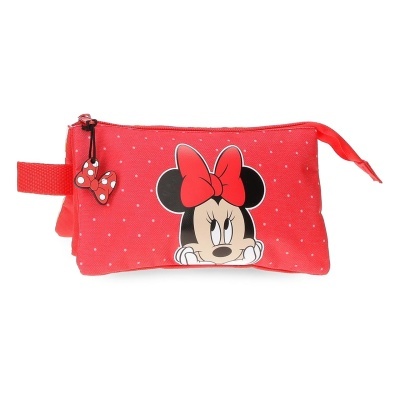 Estojo vermelho tecido com pontos brancos e imagem da Minnie Mouse com laço vermelho