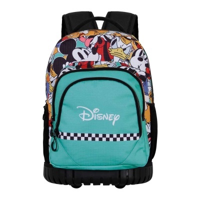 mochila Disney colorida com personagens e bolso azul turquesa