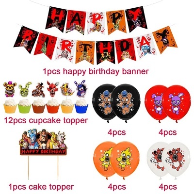 Conjunto de decoração de aniversário com faixa, toppers para cupcakes e bolo, e balões com personagens coloridos