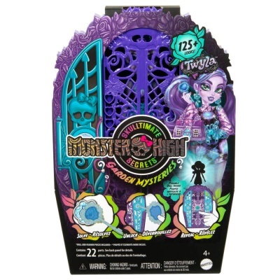 Caixa de brinquedo Monster High Skullltimates Garden Mysteries com decoração roxa e azul