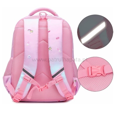 Mochila rosa para crianças com alças acolchoadas e fita refletora