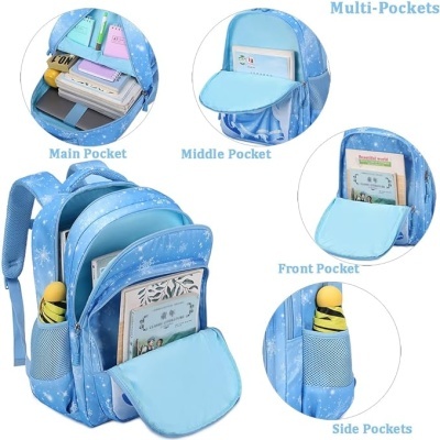 Mochila azul clara com padrão de estrelas, vários bolsos e objetos dentro.