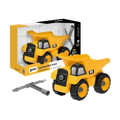 Caminhão de construção amarelo com ferramentas e embalagem