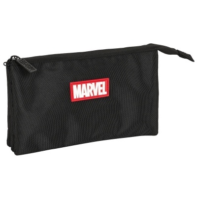 Estojo preto com fecho e logótipo MARVEL em vermelho e branco