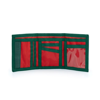 Carteira tri-fold verde e vermelha com vários compartimentos para cartões