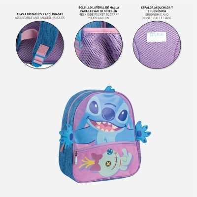 Mochila infantil azul e lilás com personagem Stitch e detalhes em rosa