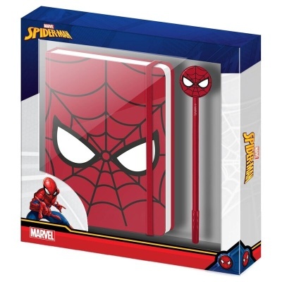 Conjunto de caderno e caneta Spider-Man em caixa azul, branca e vermelha