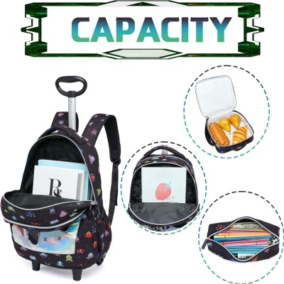 Mochila preta com padrão colorido, compartimentos para livros, papel, lápis e alimentos