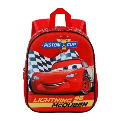 Mochila vermelha com personagem Lightning McQueen e texto PISTON CUP