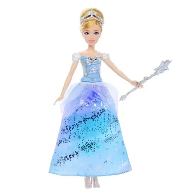 Boneca princesa com vestido azul e cetro prateado