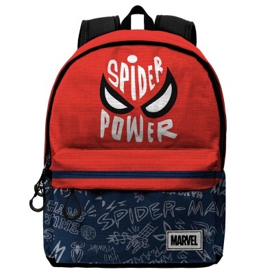 Mochila infantil vermelha e azul com texto spider power e logo MARVEL