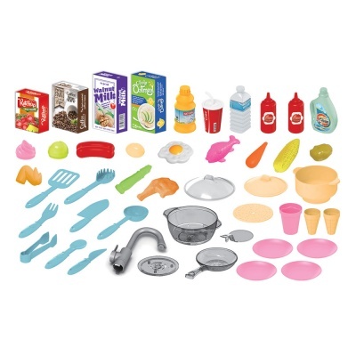 Conjunto de brinquedo de cozinha em plástico colorido com utensílios e alimentos em miniatura