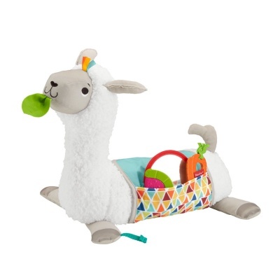 Pelúcia de lhama branca com bolso multicolorido e brinquedos