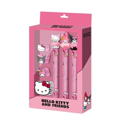 Embalagem rosa com três canetas rosa com personagens Hello Kitty no topo