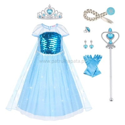 Fantasia infantil azul completo com vestido, coroa, varinha, luvas e acessórios brilhantes.