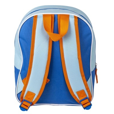 mochila azul com detalhes em branco e laranja vista de trás