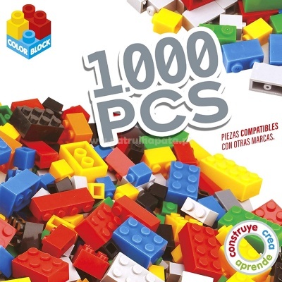 Pecas coloridas de blocos de construção com texto 1000 PCS e selo construye aprende crea.