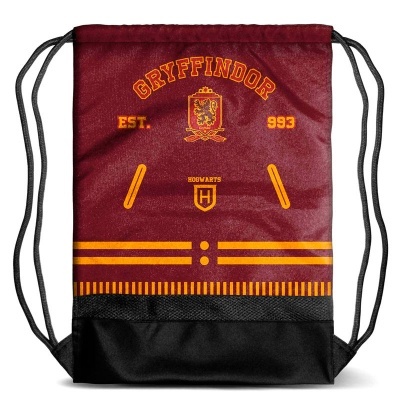 mochila tipo saco vermelho grená com cordão preto e inscrições Gryffindor